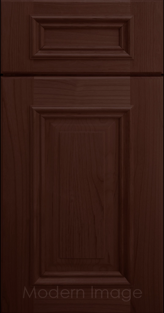 Cherry stained Hamilton cabinet door with a double raised panel and mitered elevated molding.